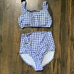 Blue gingham maternity high waisted two piece swimsuit
